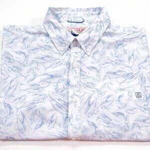 Huk XL Short Sleeve Button Down Fishing Shirt Men All Over Print Fish Marlin